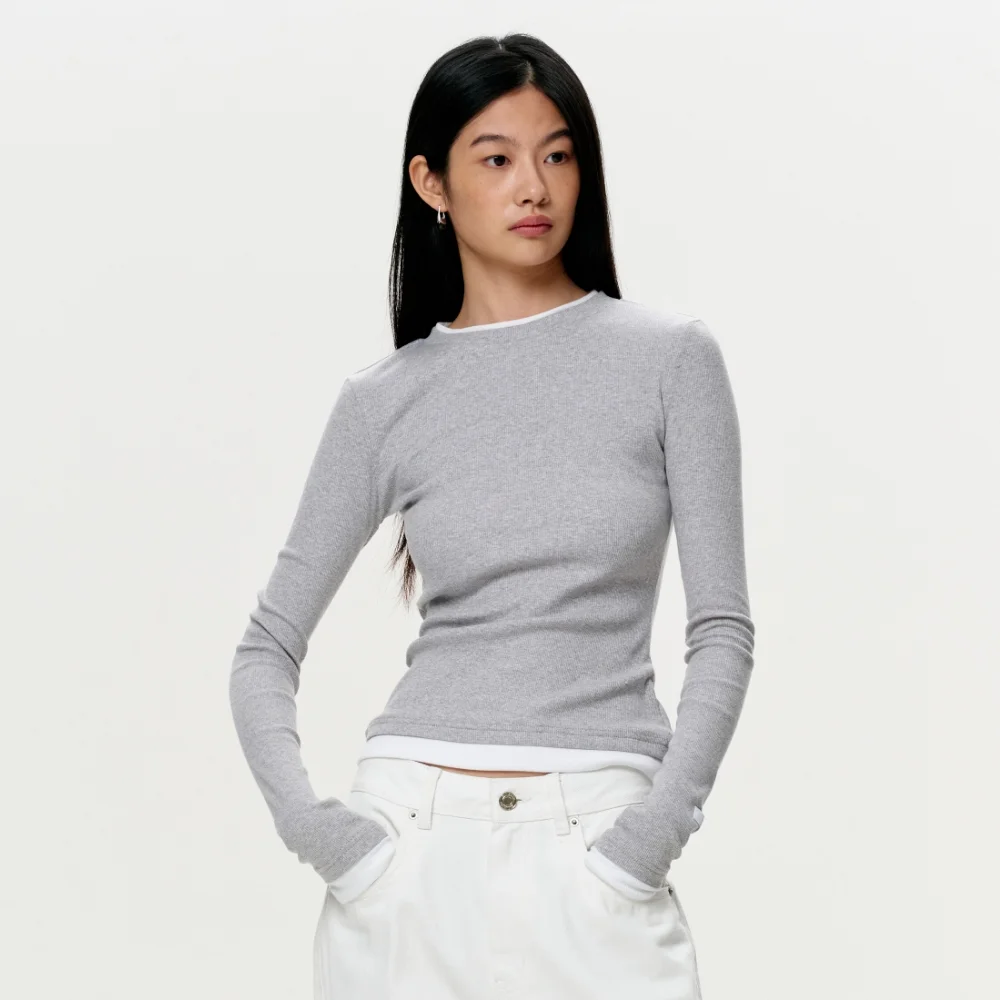 WOMEN COLOR LAYERED SLIM RIB T - HEATHER GRAY