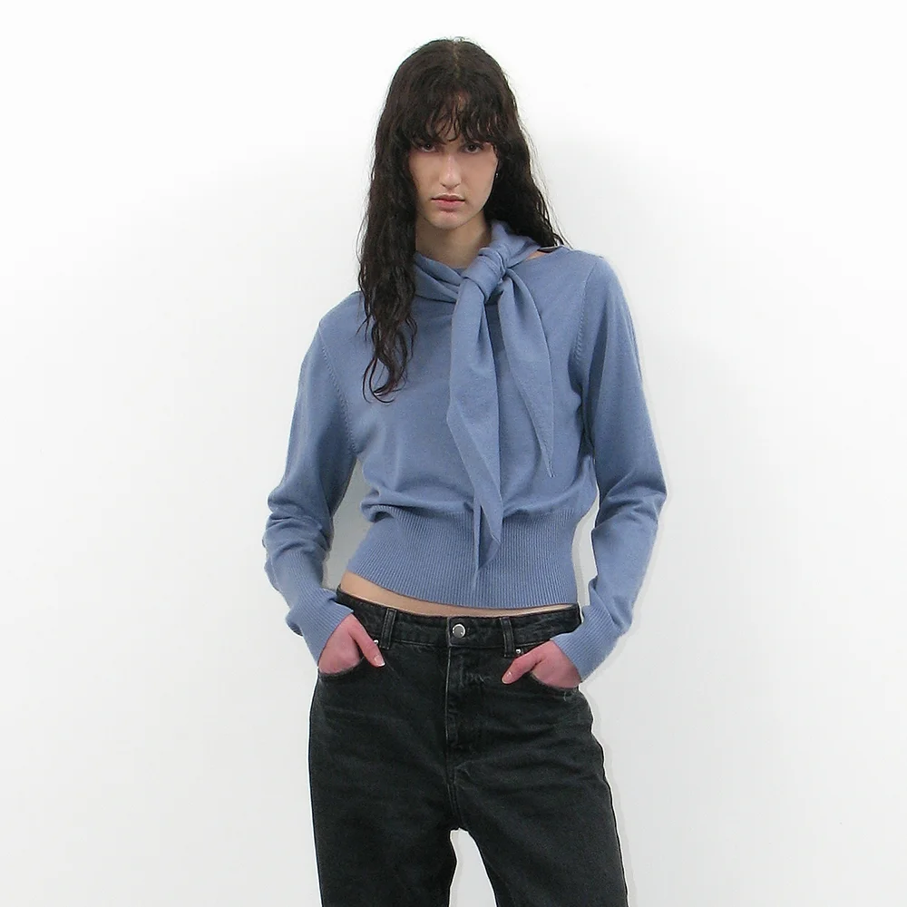 2WAY UNBALANCED SCARF KNIT CREWNECK_DUSTY BLUE