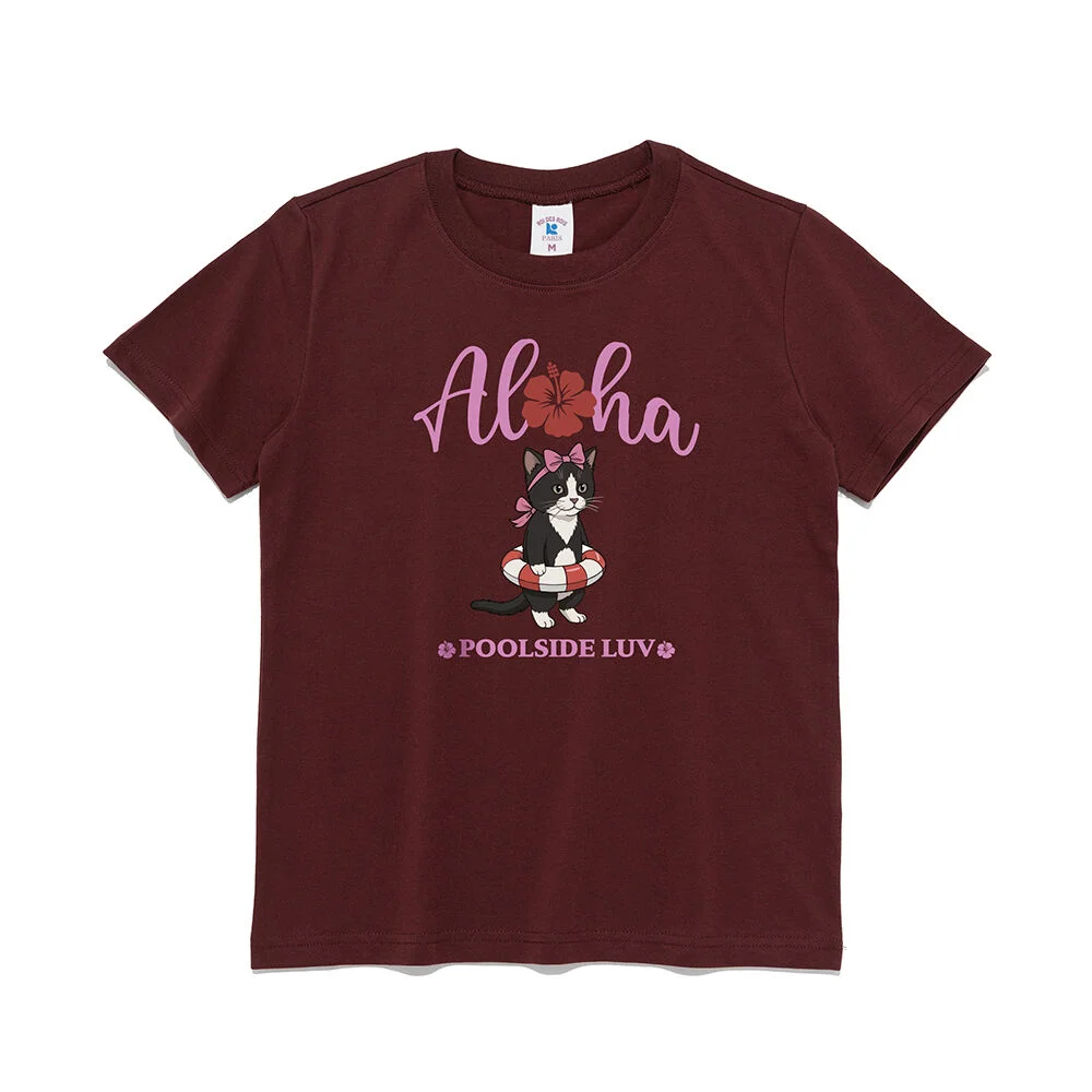 Aloha 海灘 貓跟 貓 圖案 女裝 短袖T恤 (酒紅色)
