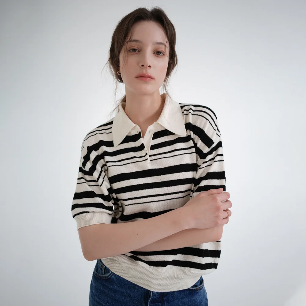 Cotton Stripe Collar Half Knit (cream)