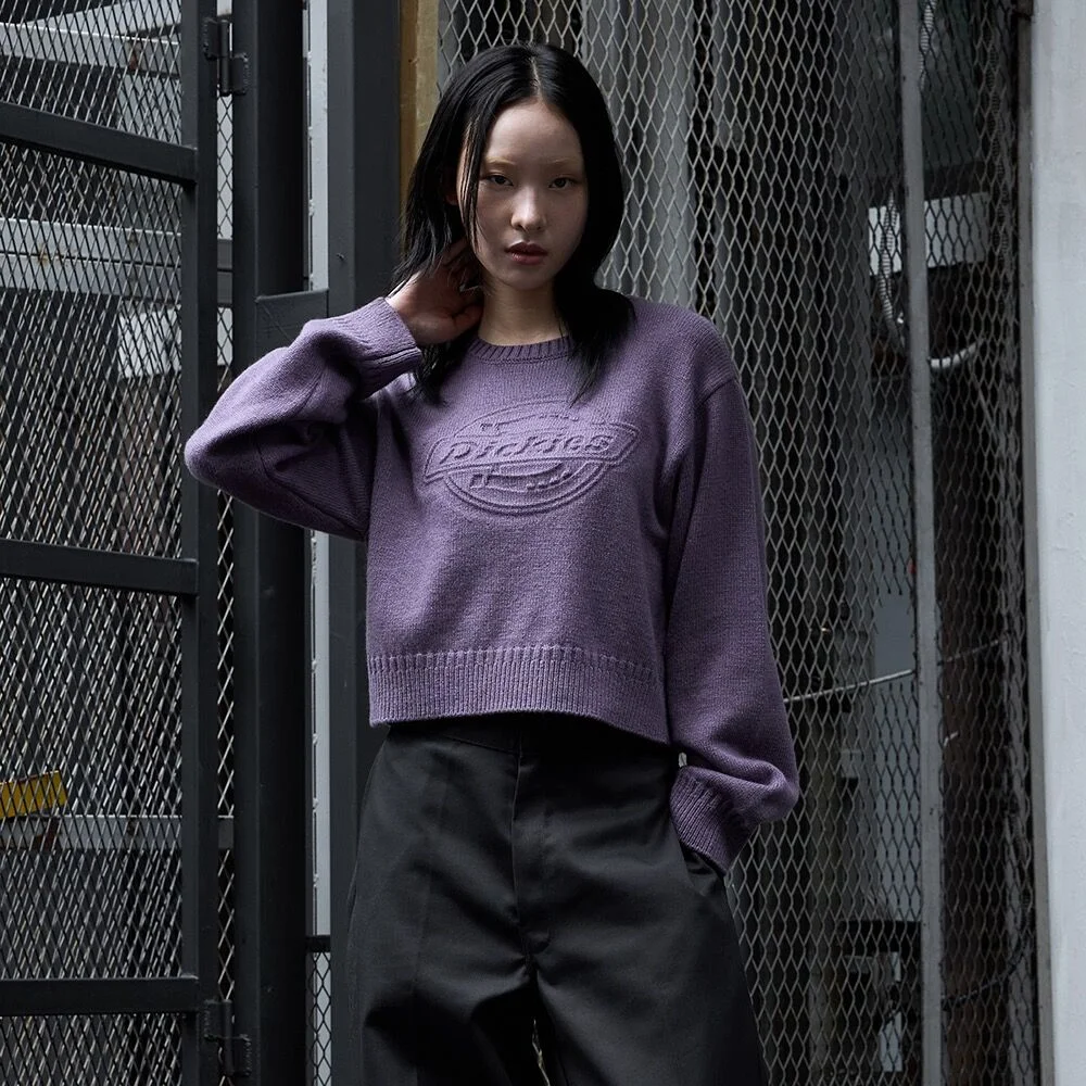 壓紋 標誌 套頭 短版 針織衫 Purple