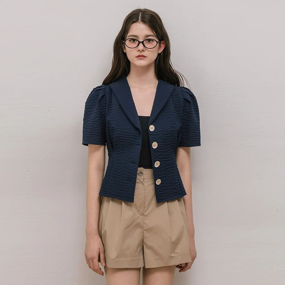 Seersucker Puff Navy Blouse