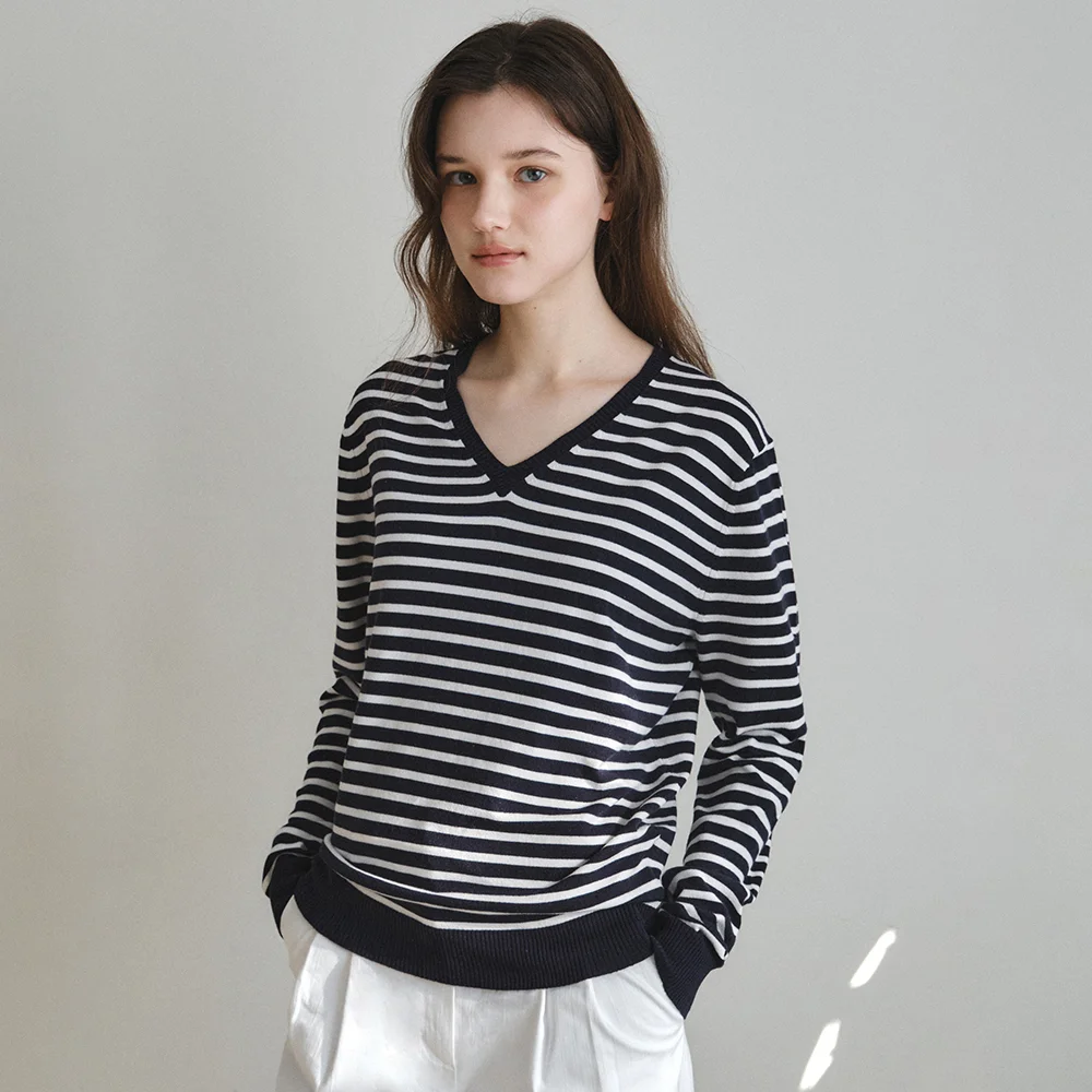 Washable Mild Stripe V-Neck Knit_NAVY(WC26KN11)