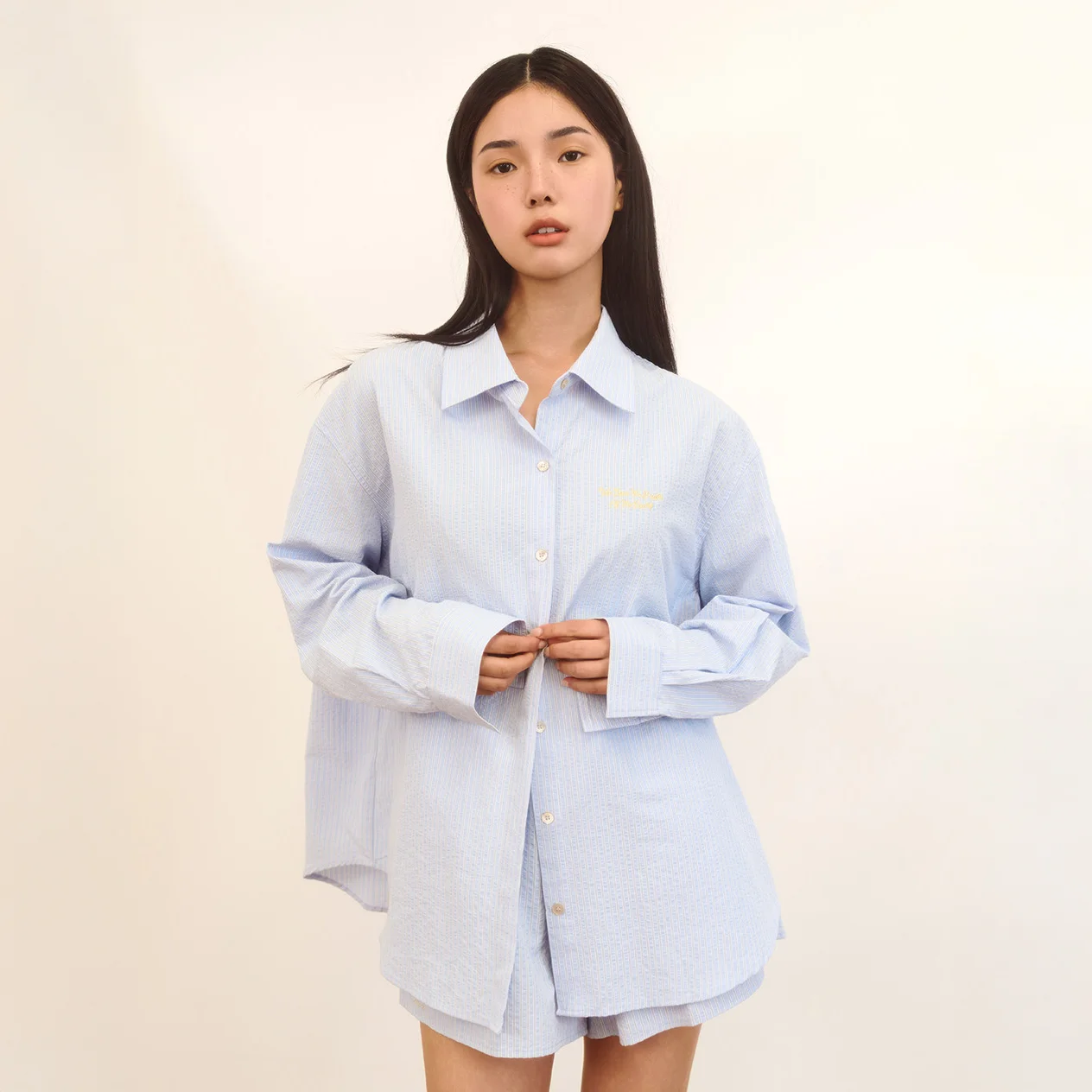 泡泡紗 條紋 襯衫 (Sky Blue)