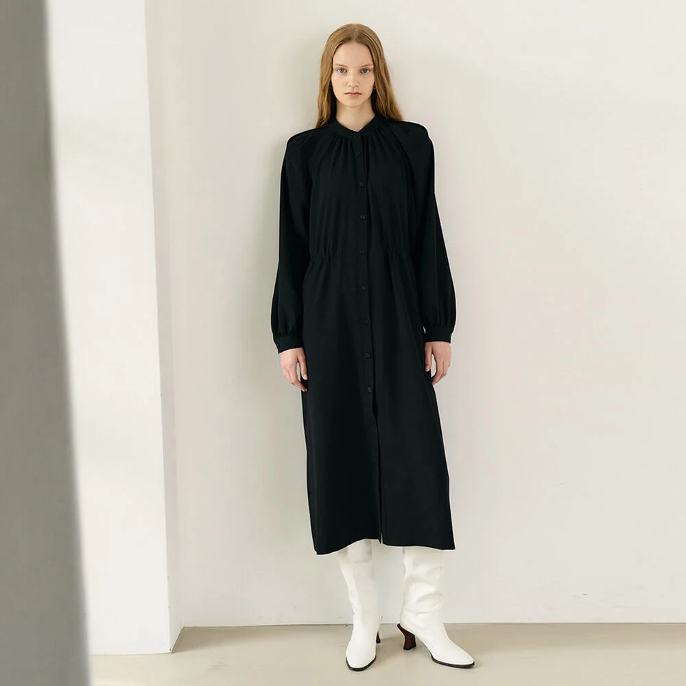 PUFF SLEEVE SHIRRING DRESS (moat black)