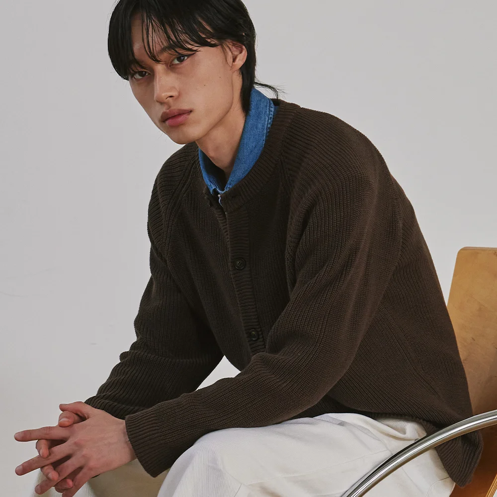純棉 華夫格 圓領 開襟外套 BROWN