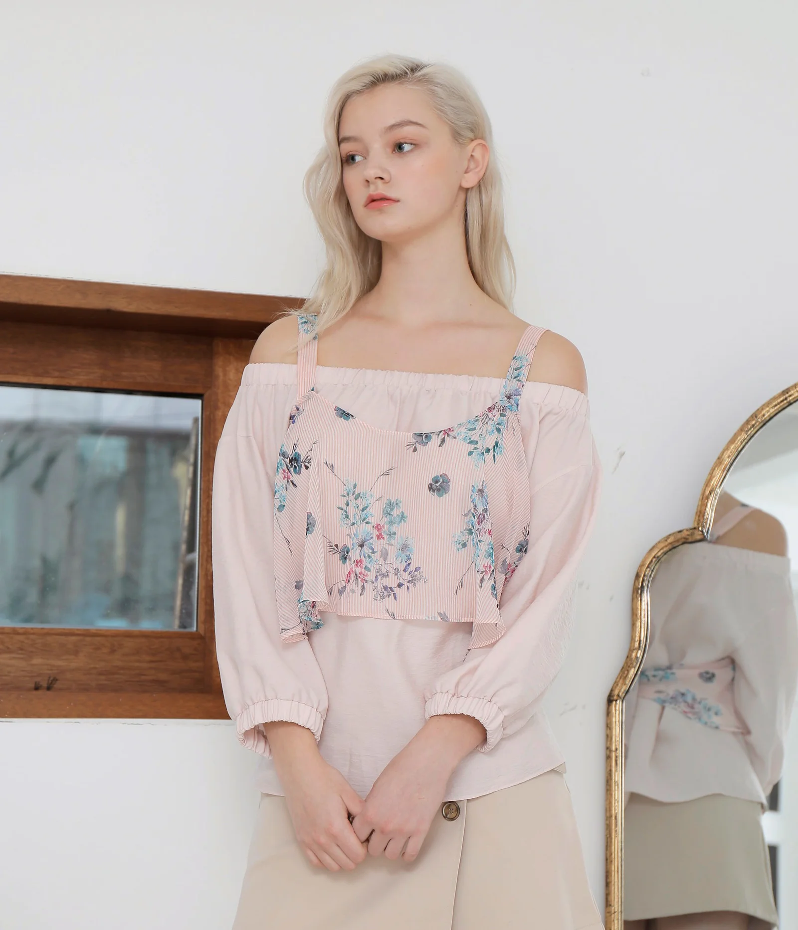 CHIFFON LAYERED OFF SHOULDER BLOUSE _PINK