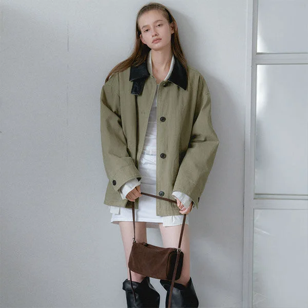 (CT-1486)LEATHER COLLAR QUILIED WORK COAT