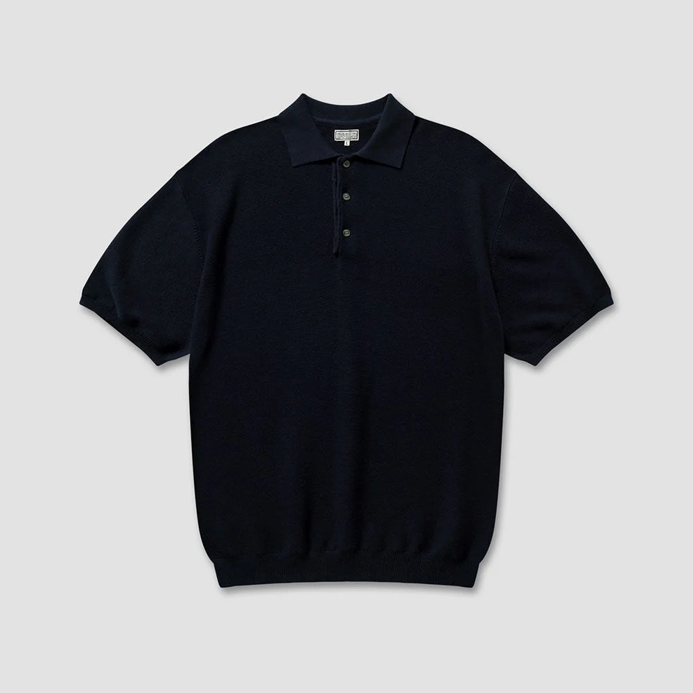 Half-Open Collar Short-Sleeved Cotton Knit (Navy)