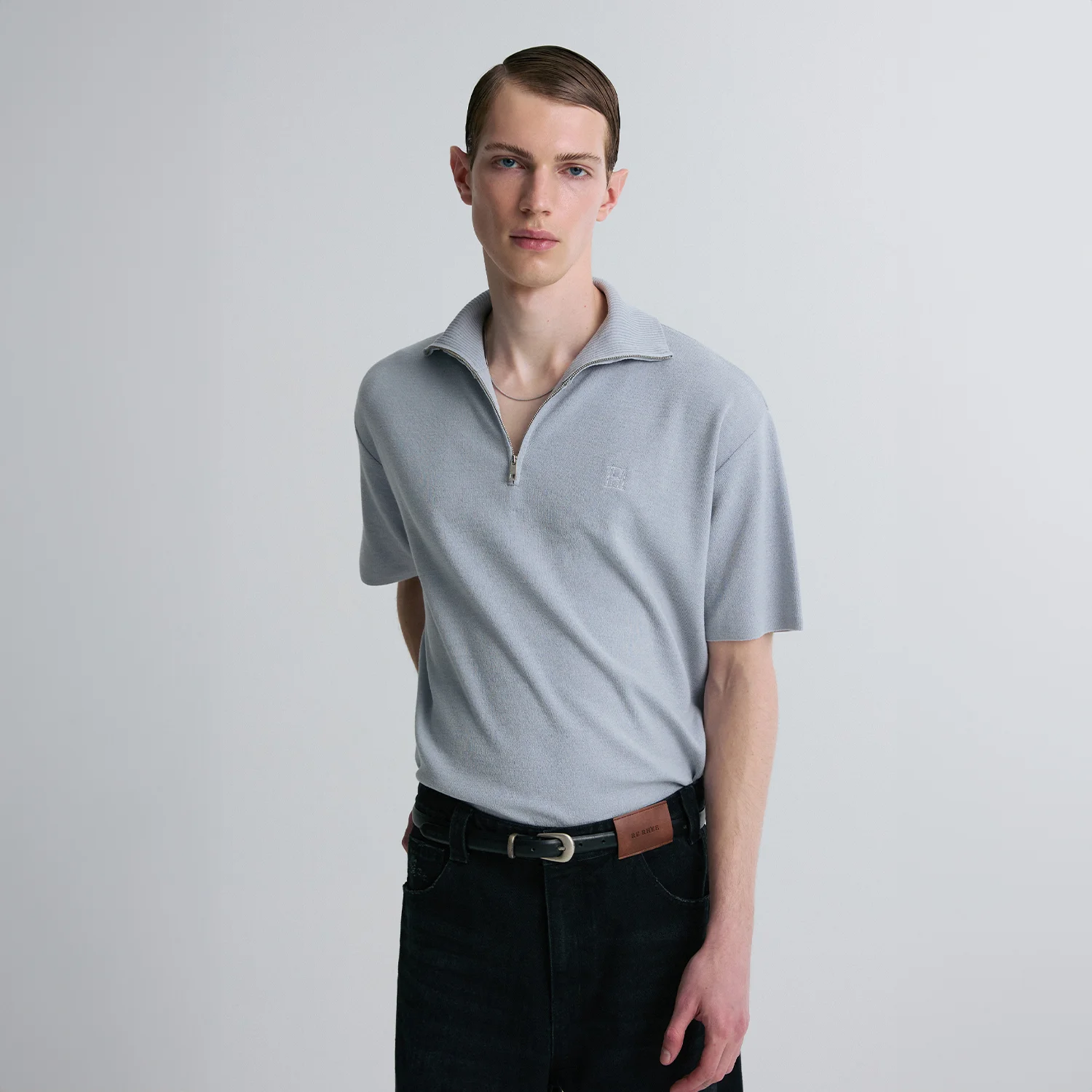 QUARTER-ZIP KNIT POLO SHIRT GRAY