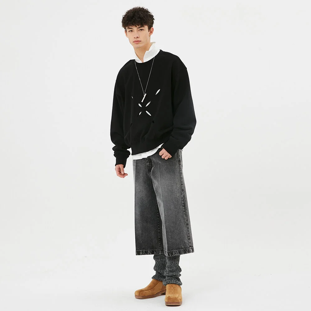 For men, Crochet Patch Culotte Denim Pants / Washed Out Black