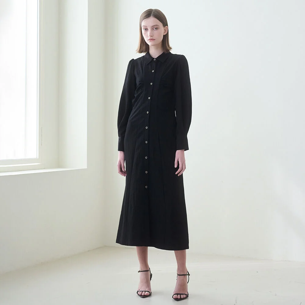 Front Shirring Shirts Dress - Black