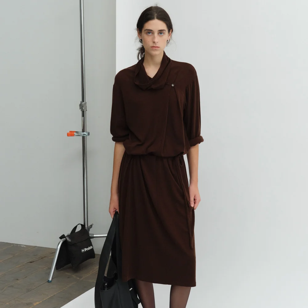 Ove Draped Wool Dress (Brown)
