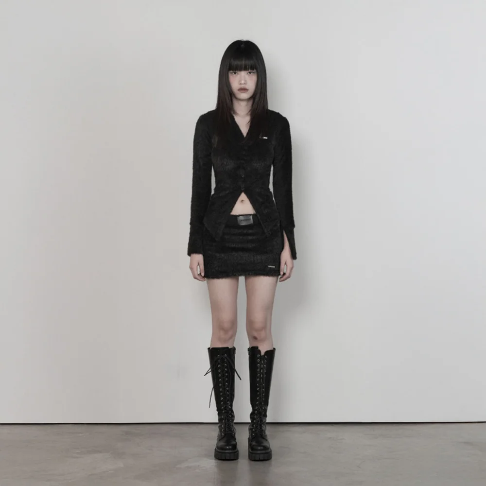 Angora Patch Set-up Cardigan (Black)