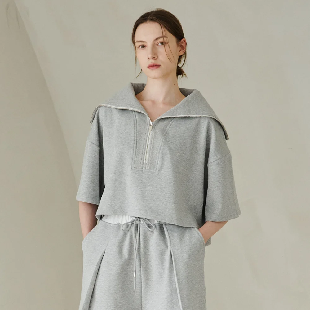 Wide Collar Half Sleeve T-Shirts - M.Gray