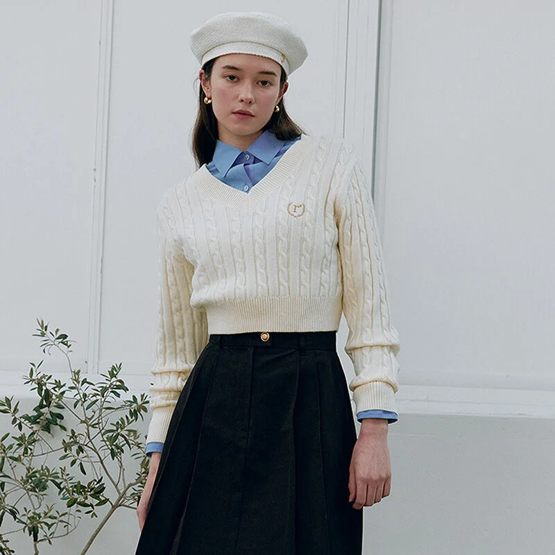 V NECK CABLE KNIT IVORY