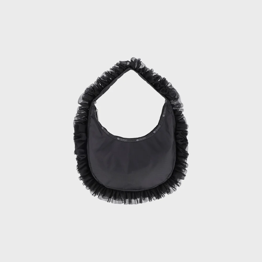 黑色 蕾絲 荷葉邊 荷葉邊 拉鍊 Hobo Bag