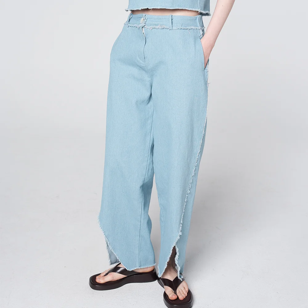 Diagonal Slit Cut-Off Denim Pants Light blue