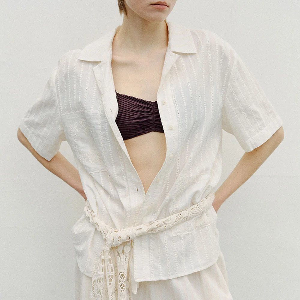 TEXTURED POCKET EMBROIDERY SHIRT - CREAM