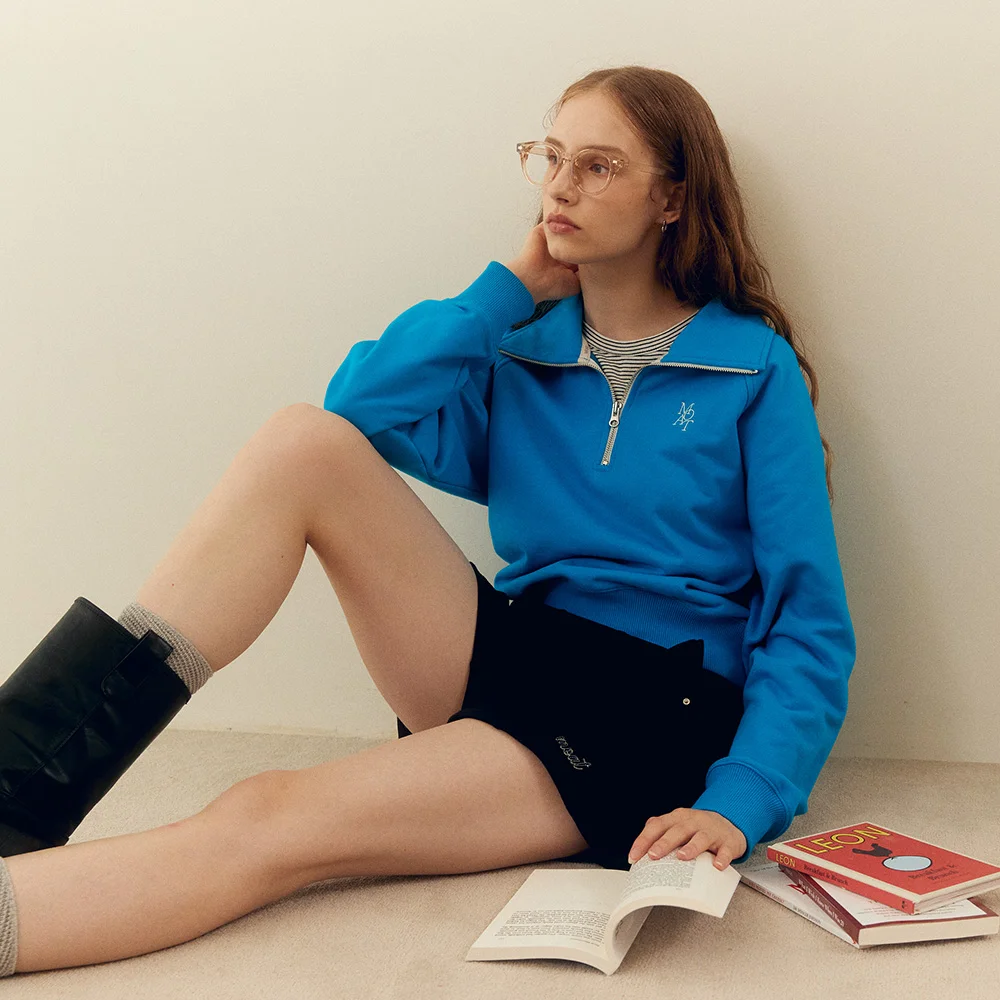 HALF ZIP-UP CROP SWEATSHIRT (aqua blue)