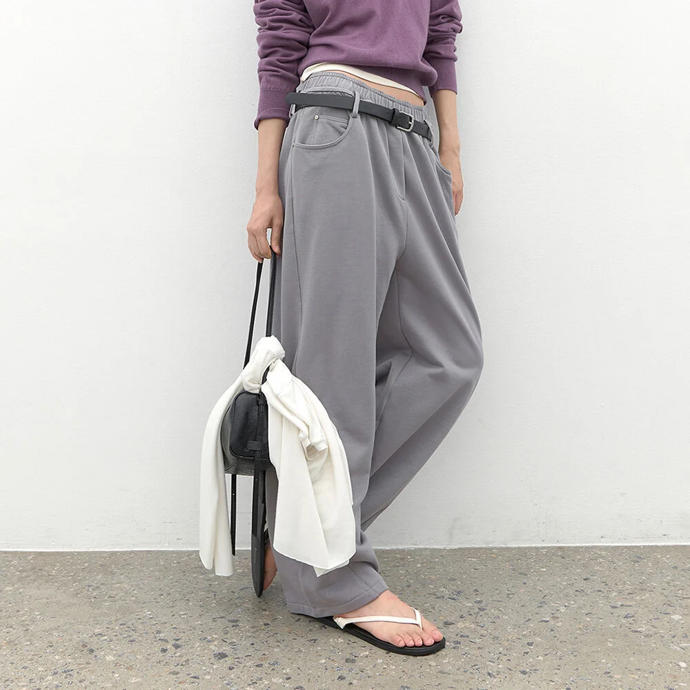 (PT-5815)CURVED JERSEY BANDING BELTED PANTS S