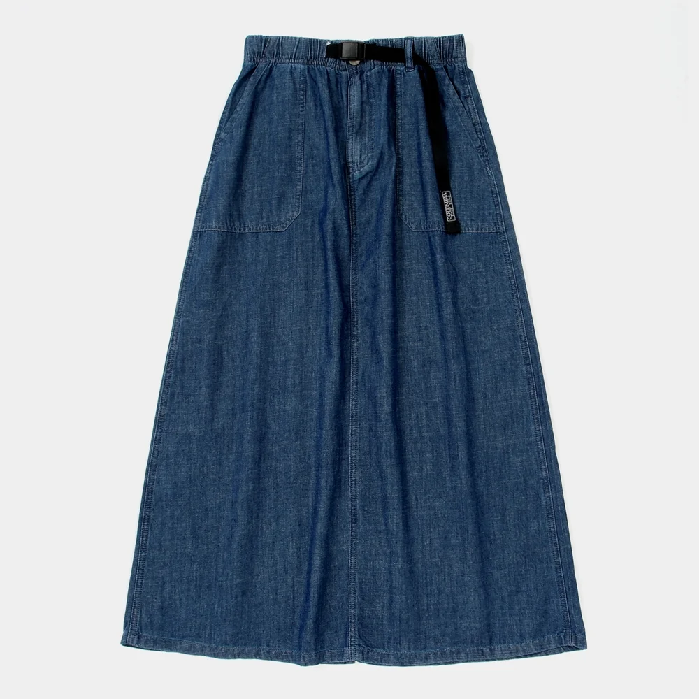 COLUMBIA TRAJAN LABEL BELTED DENIM LONG SKIRTS 午夜牛仔