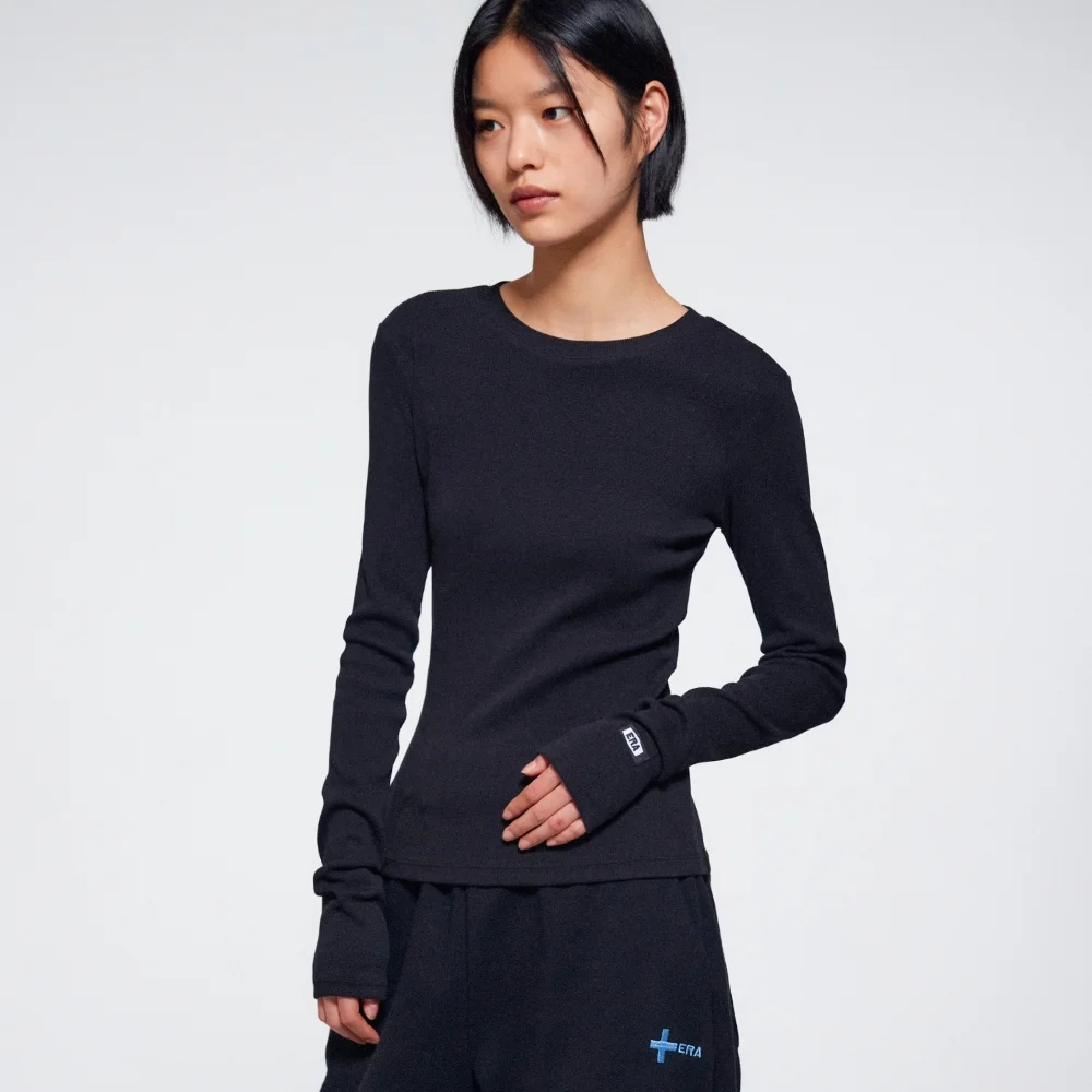 WOMEN LONG SLEEVE RIB T - BLACK