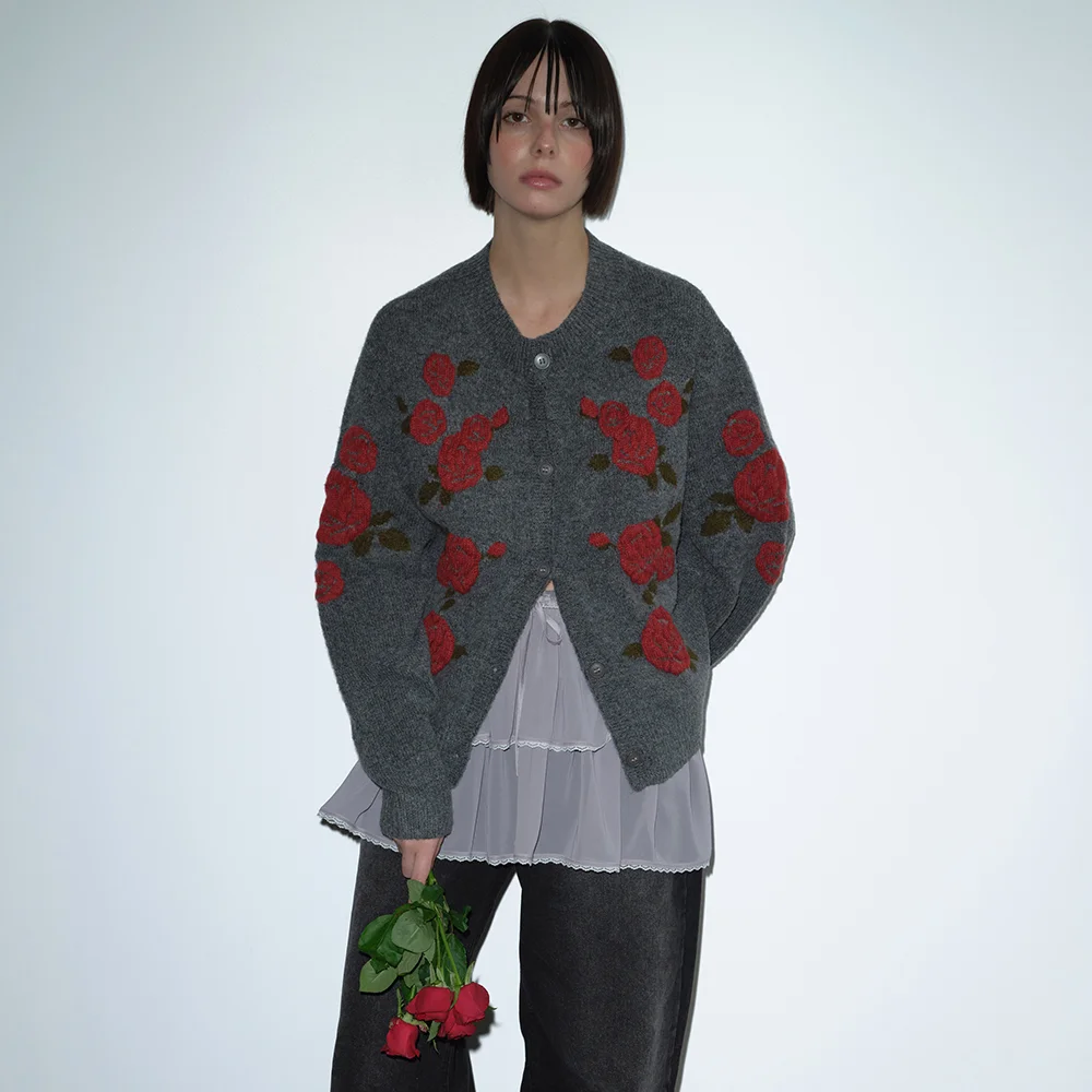 ROSE JACQUARD CARDIGAN (GREY)