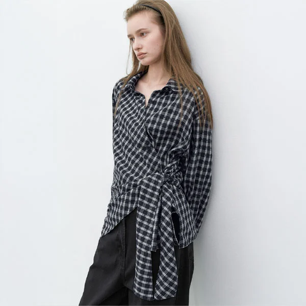 (BL-4436)WRAP TIE WASHING CHECK BLOUSE