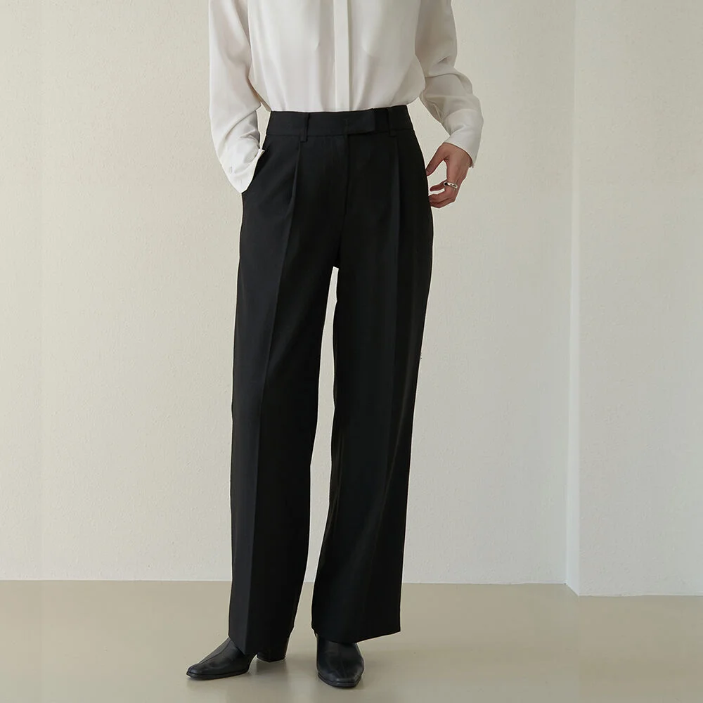 wool wide leg trousers_Black