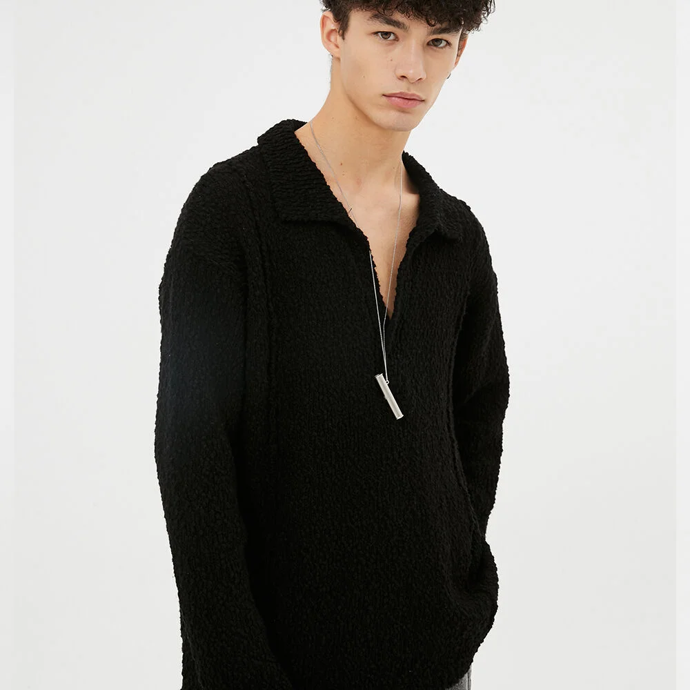 UNISEX, Roen Pin Tuck Loosfit Collar Knit / Black