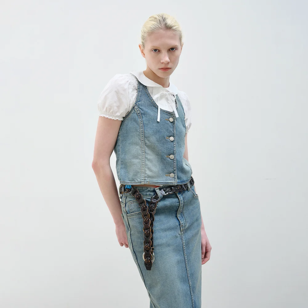 HALTER NECK DENIM VEST - BLUE