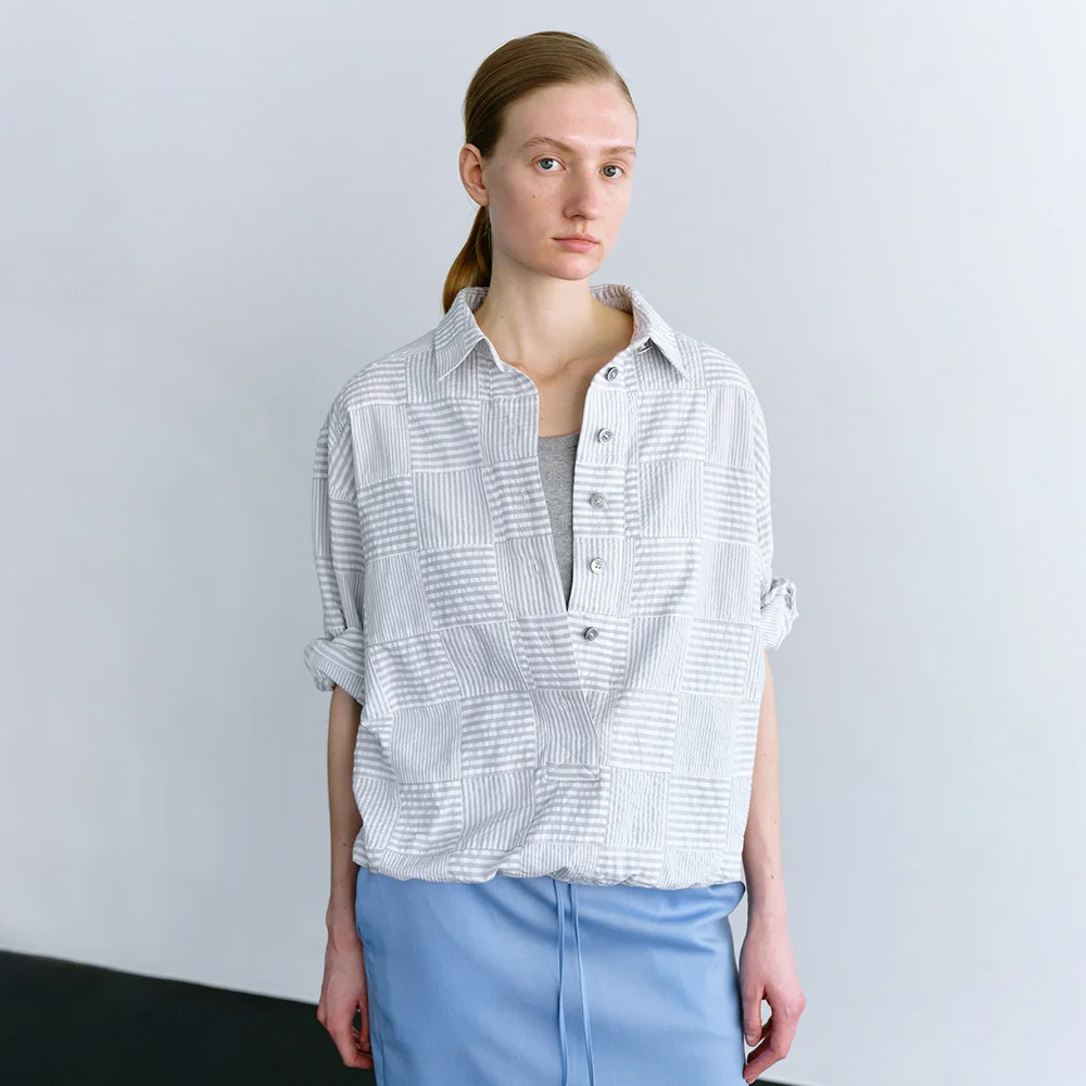 Patchwork Henley Shirt in Light Gray