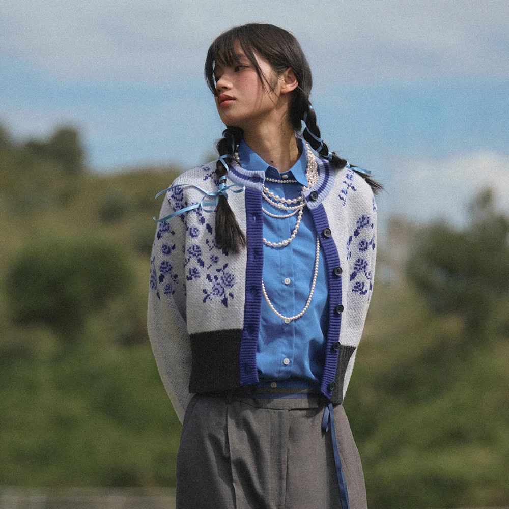 Waist Banding Floral Cardigan (Blue)