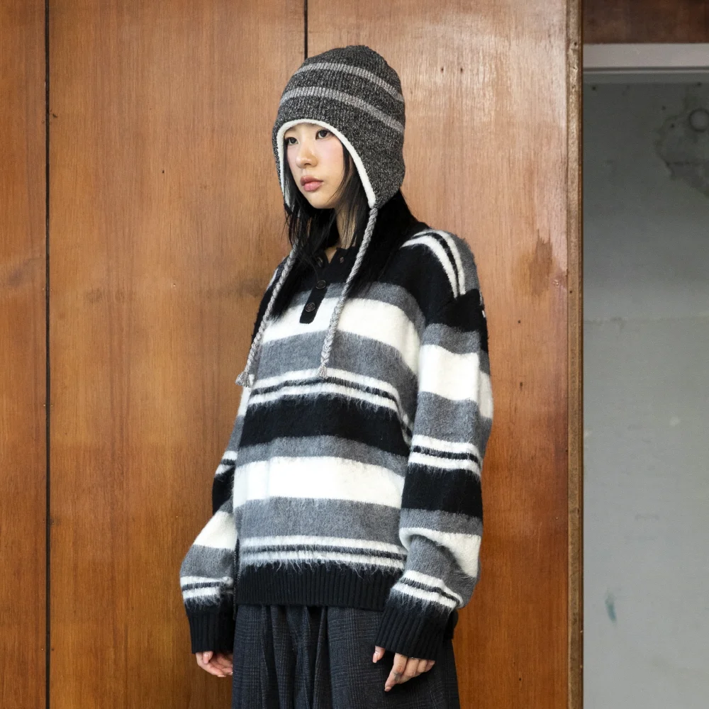 GNT080 Good Will 復古 條紋 Hairy 針織衫 (BLACK)