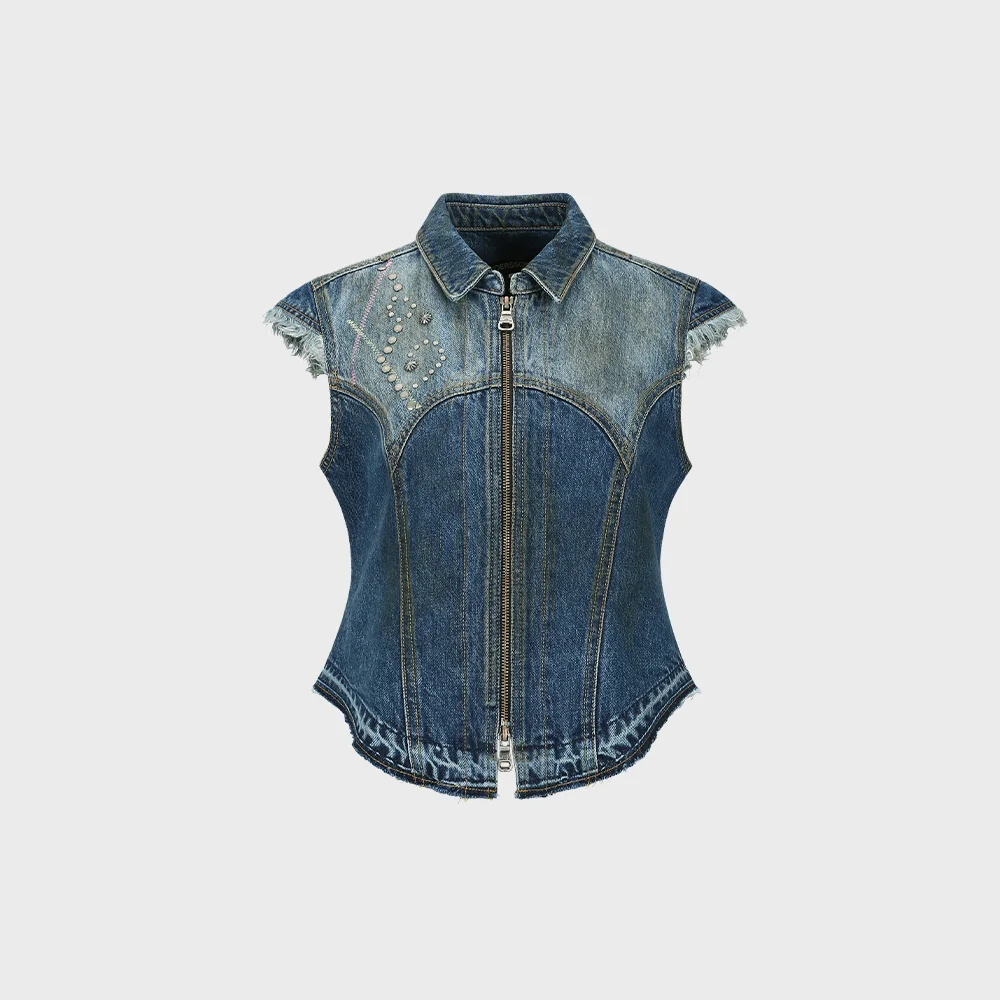 DUSTY DENIM RIVETED CAP SLEEVE VEST atb1300w(BLUE)