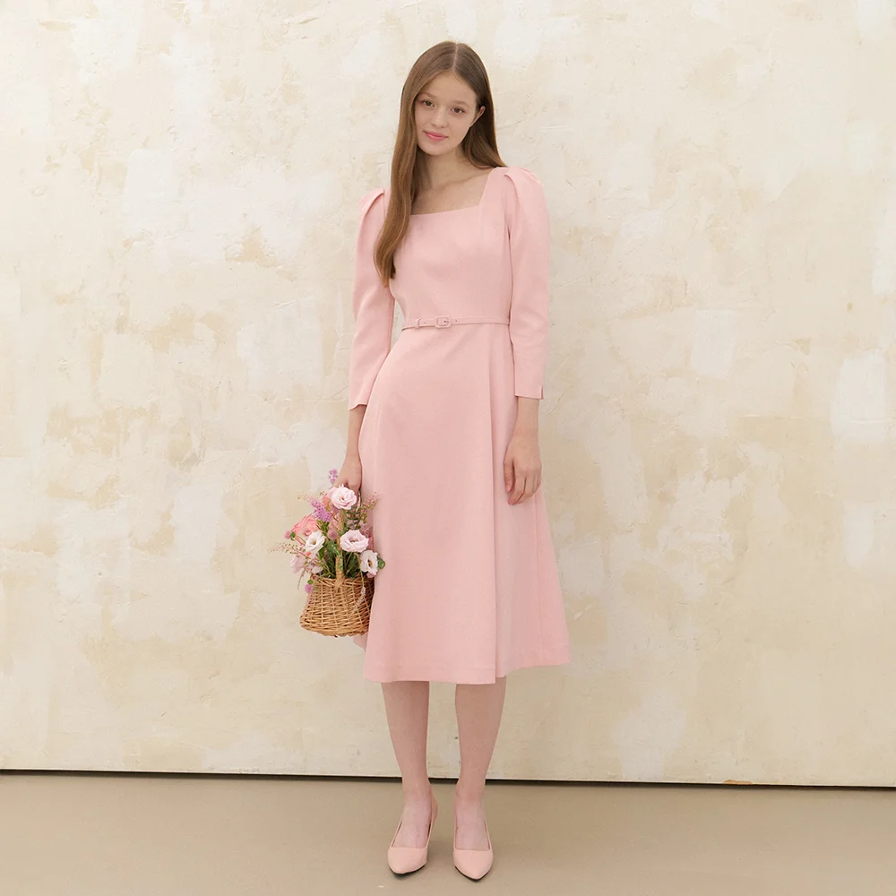 Square-neck Flare Dress(LL) / Pink(5color)