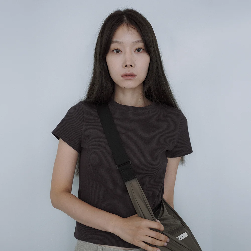 W 羅紋 短袖 T恤 Dark Brown