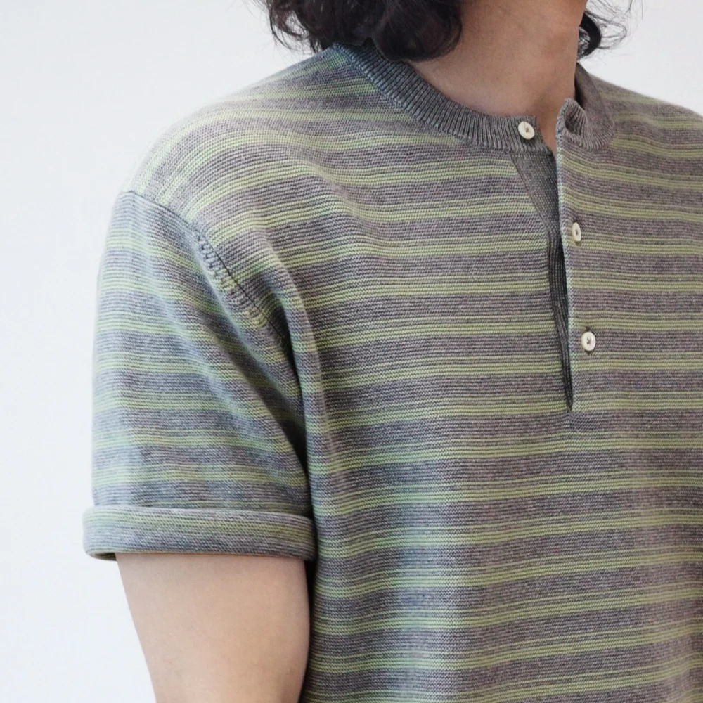 RUSTIC STRIPE HENLEY HALF KNIT
