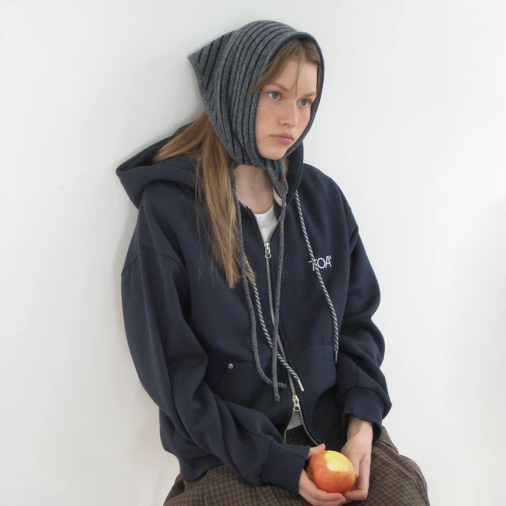 Point String Fleece-Lined Hood Zip-Up (Navy)