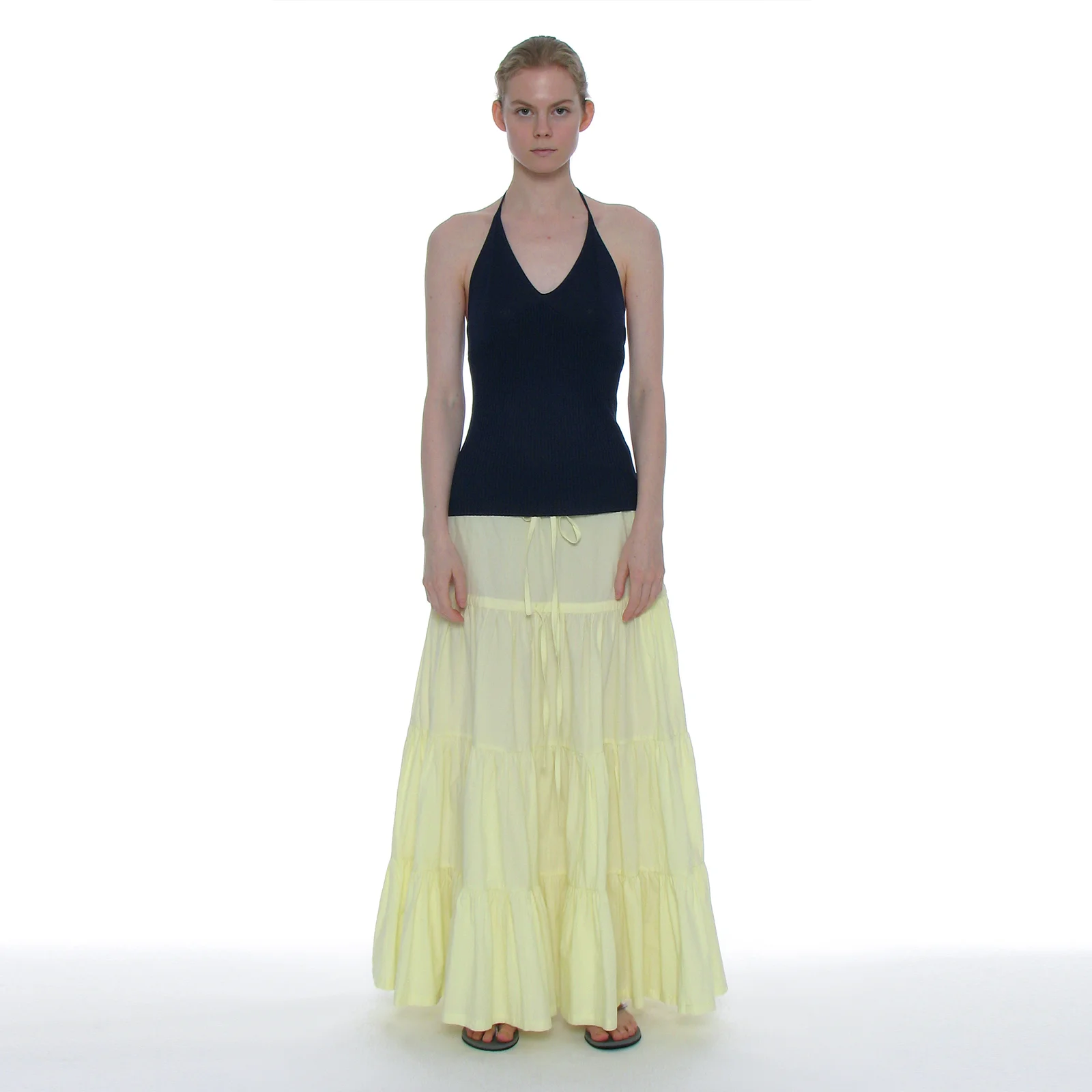 BOW STRAP SHIRRING TIERED MAXI SKIRT_LEMON