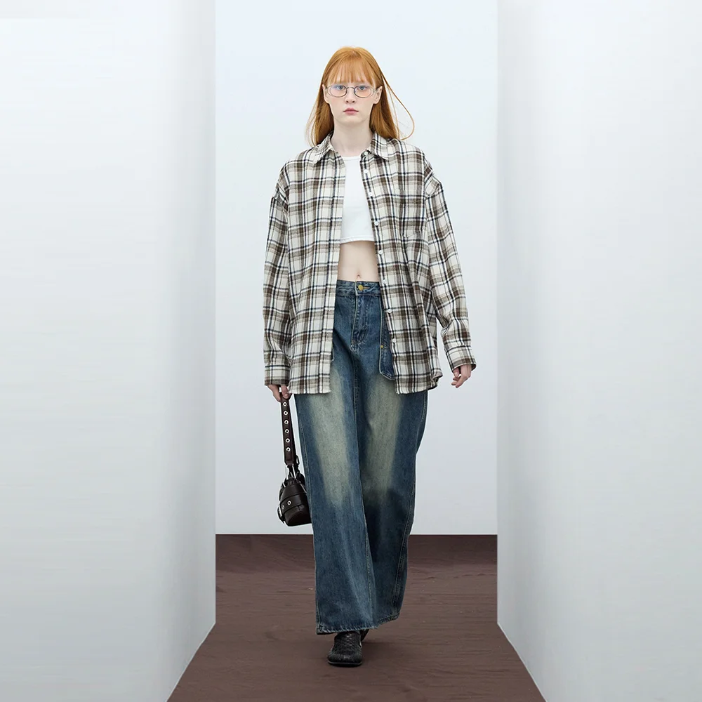 85-VIVA072 復古 法式 寬鬆版型 口袋 長袖 格紋 襯衫 啡色