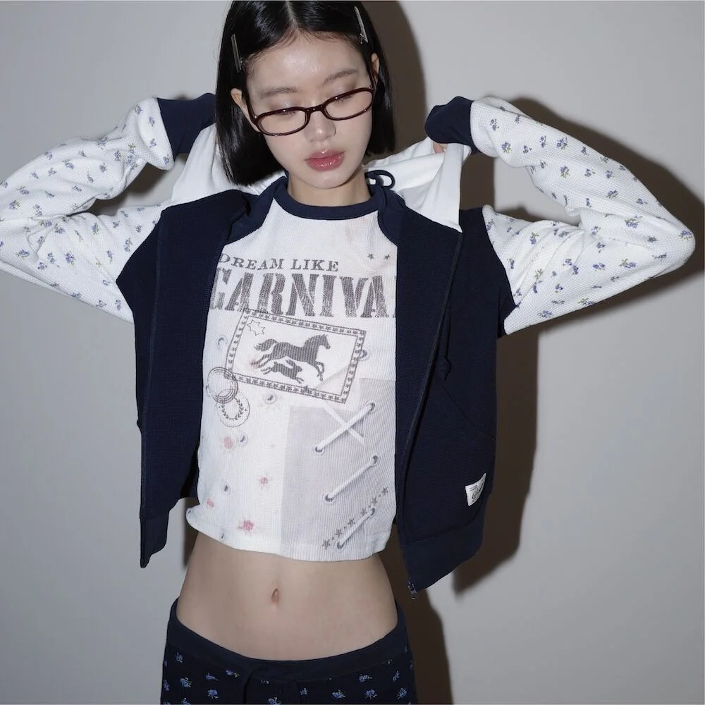CONTRAST FLORAL WAFFLE HOODIE (NAVY)