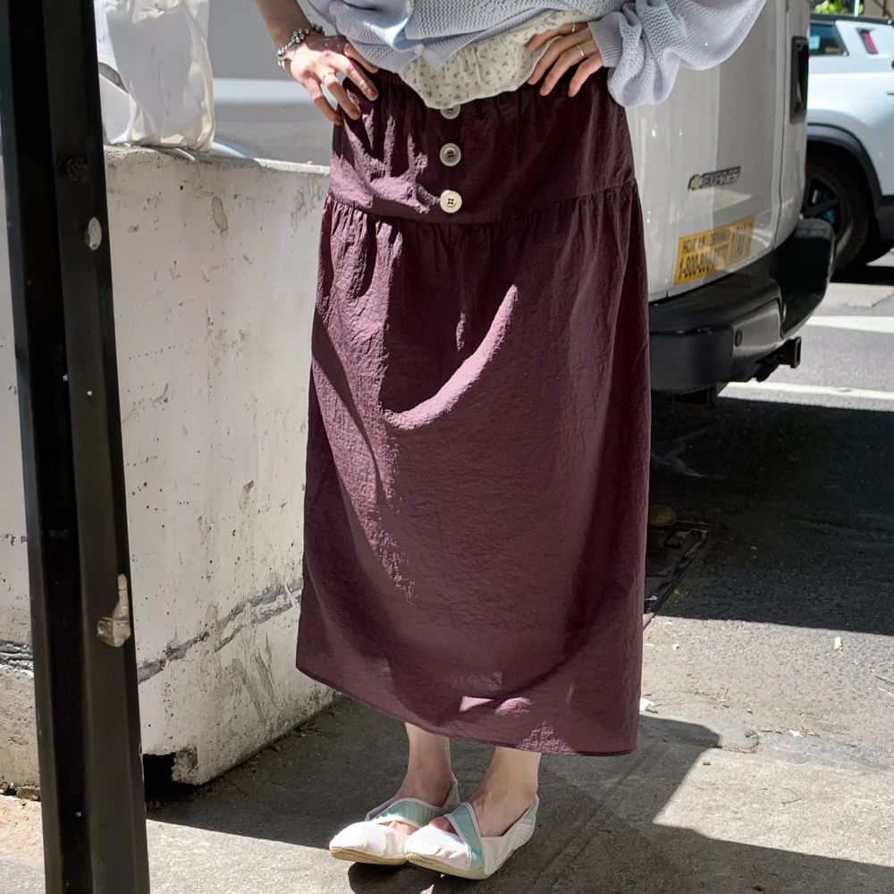 Breeze Big-Button Shirring Skirt (Purple)