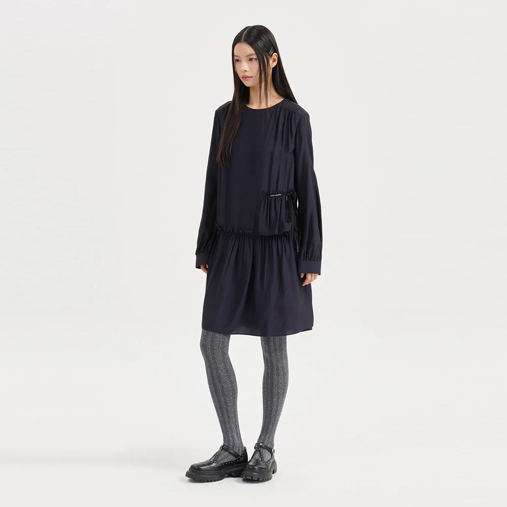 Ruffled Detail Round Neck Dress (dark navy) LFDAW25220NYD