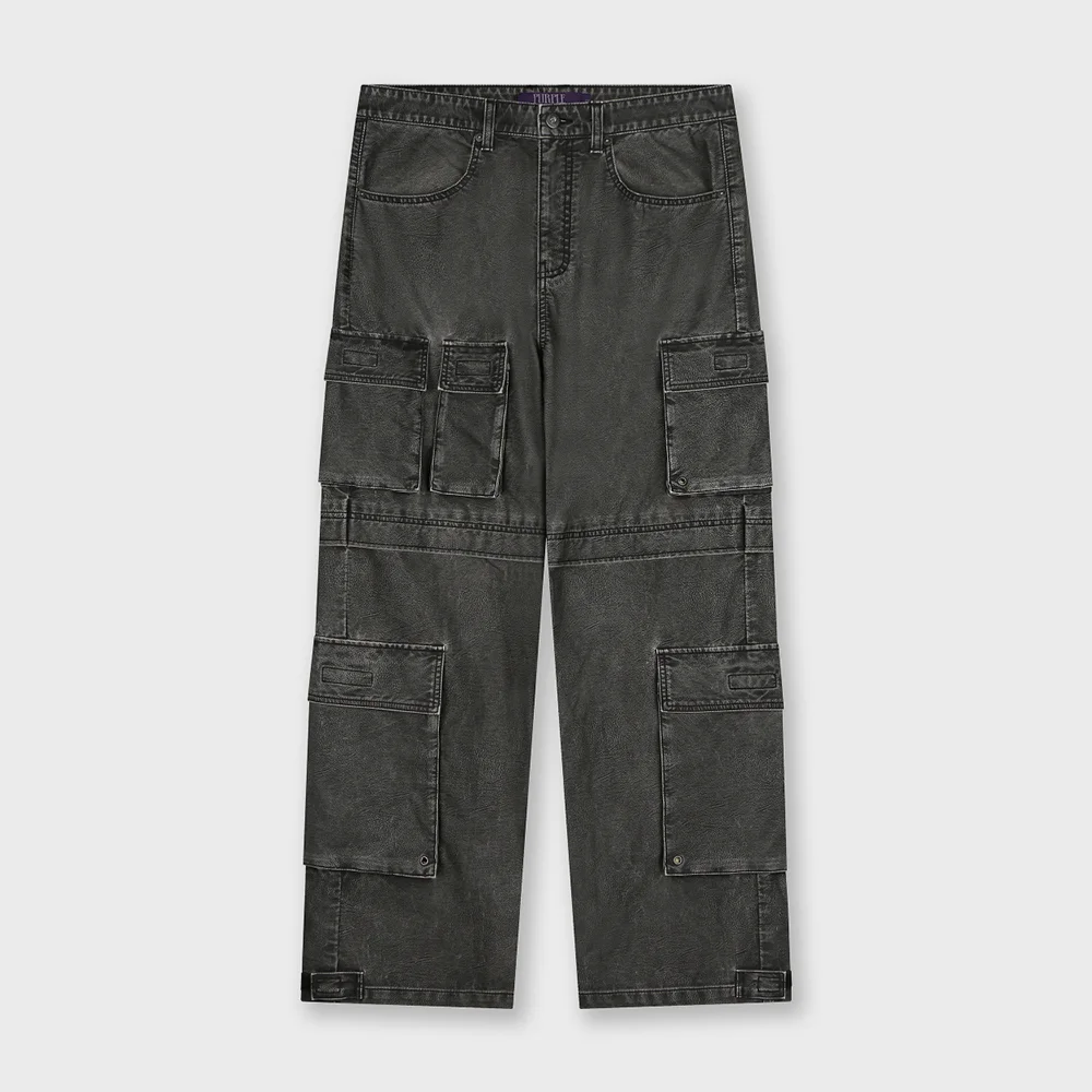 WASHED LEATHER MULTI CARGO PANTS FADE BLACK