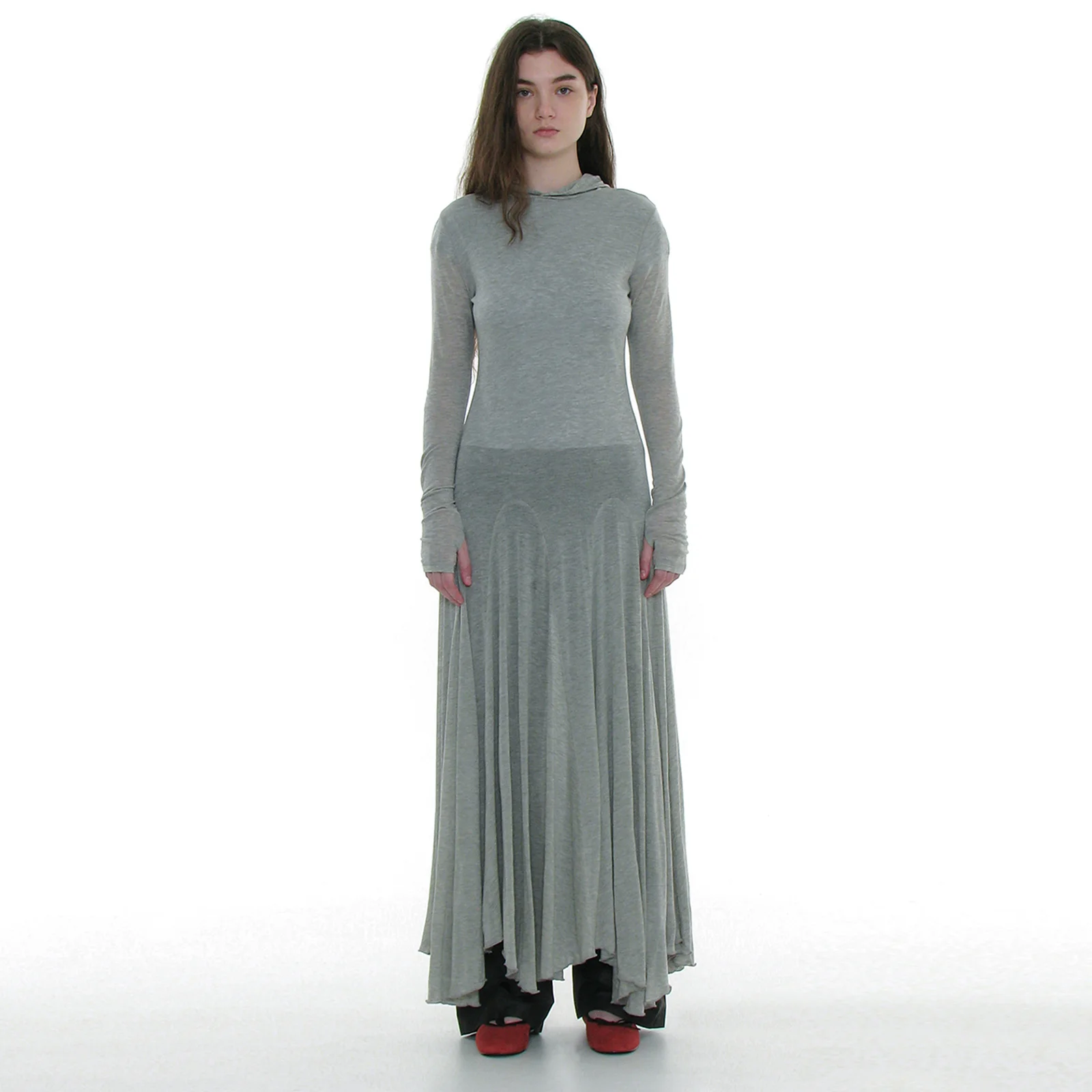 SHEER LAYERED HOODIE FLARE DRESS_MELANGE