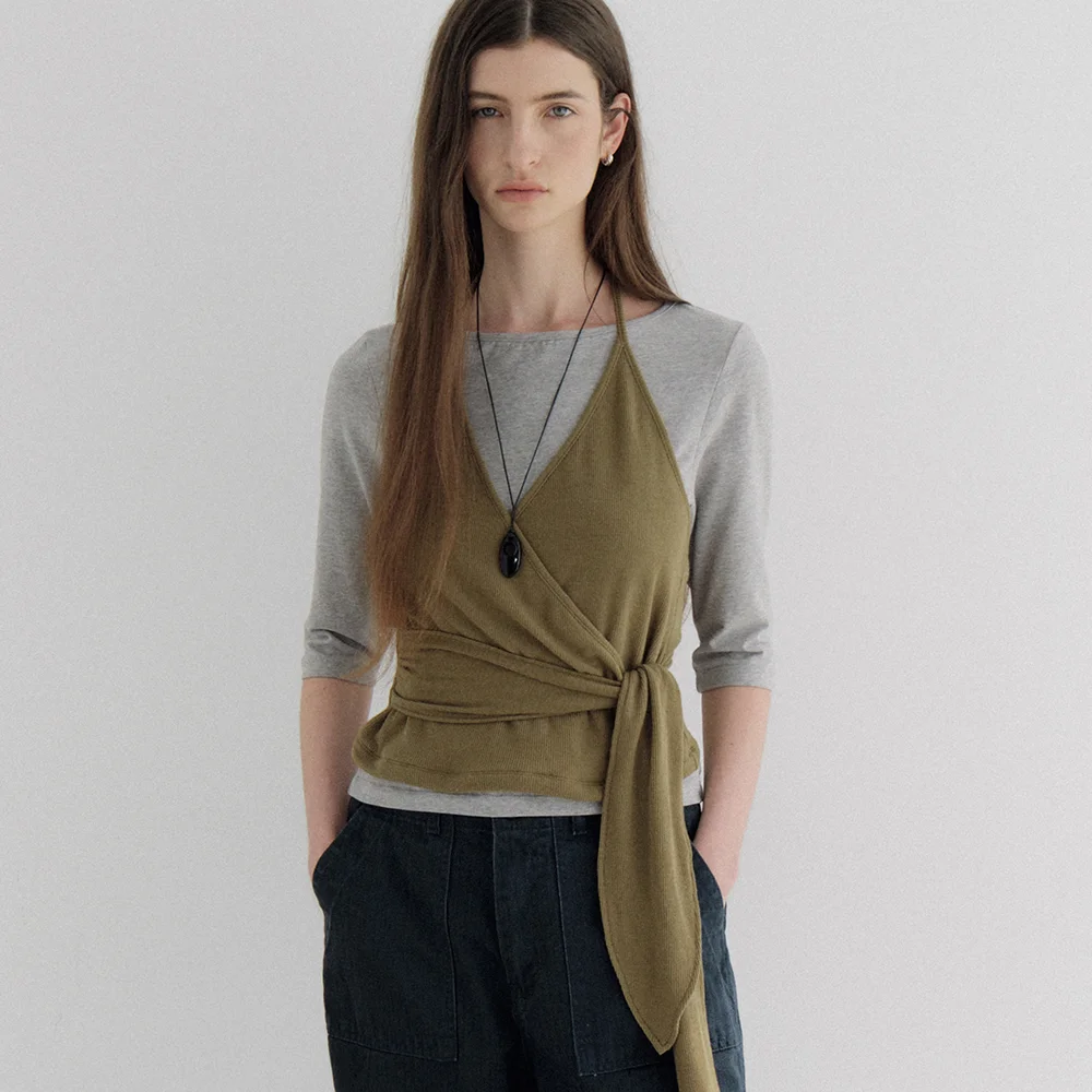 layered halter wrap T-shirt (olive) orc 6105