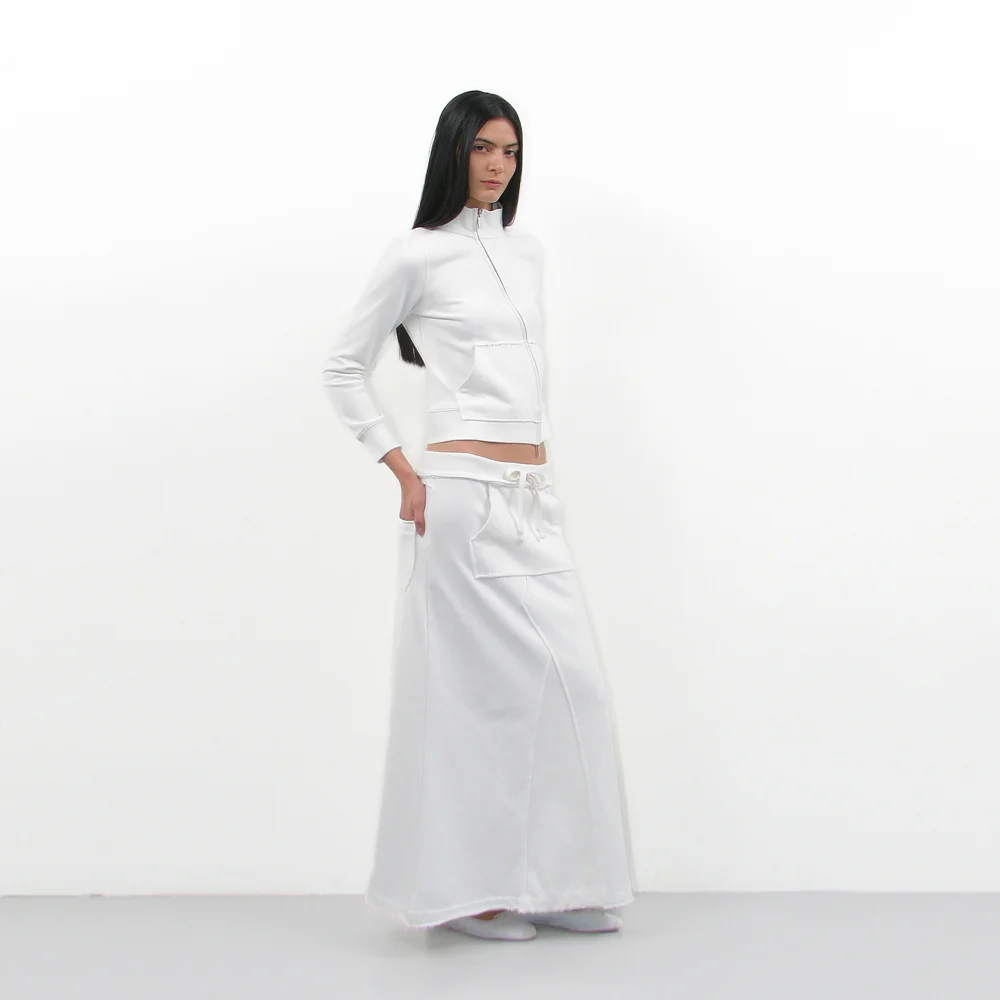 CUT-OFF POCKET SWEAT MAXI SKIRT_OFF WHITE