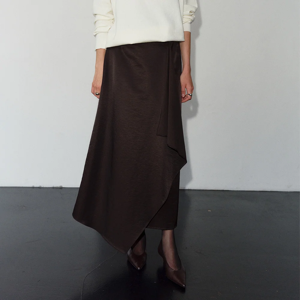 SATIN FRONT DRAPE LONG SKIRT-ESPRESSO